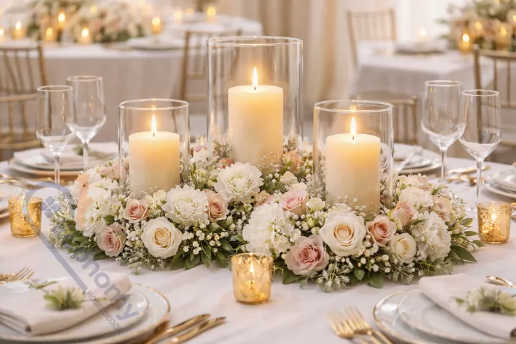 Wedding hurricane candle holders as centerpieces with floral rings and elegant table setting for reception décor