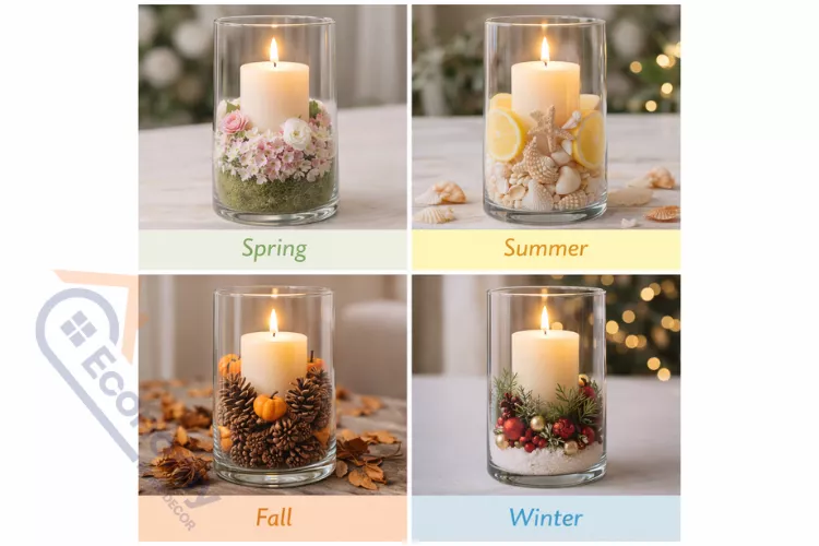 Seasonal glass hurricane candle holder ideas for spring summer fall and winter showing versatile year-round decorating