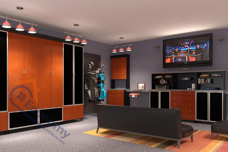 An interior view of a well-appointed garage featuring wooden and black cabinets, a wall-mounted television, a sofa, and golf clubs, offering inspiration for Garage Decorating Ideas.