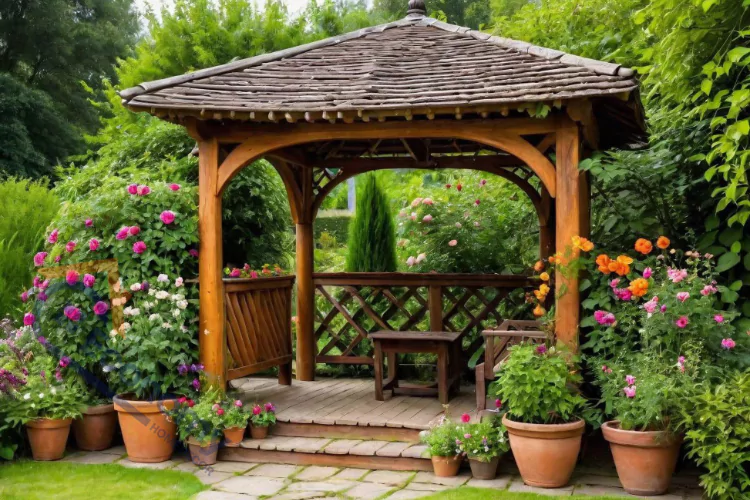 A beautiful wooden gazebo with a shingled roof, surrounded by a lush garden filled with blooming roses, potted plants, and various greenery.