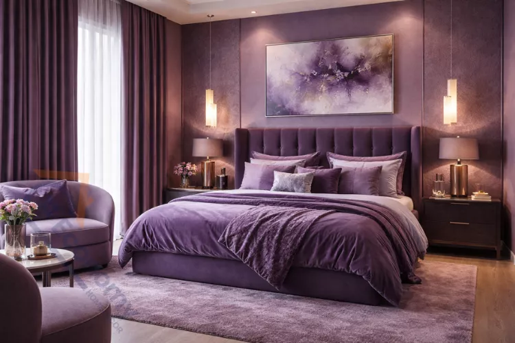 Modern purple bedroom featuring lavender walls, plum velvet headboard, and silver accent pillows