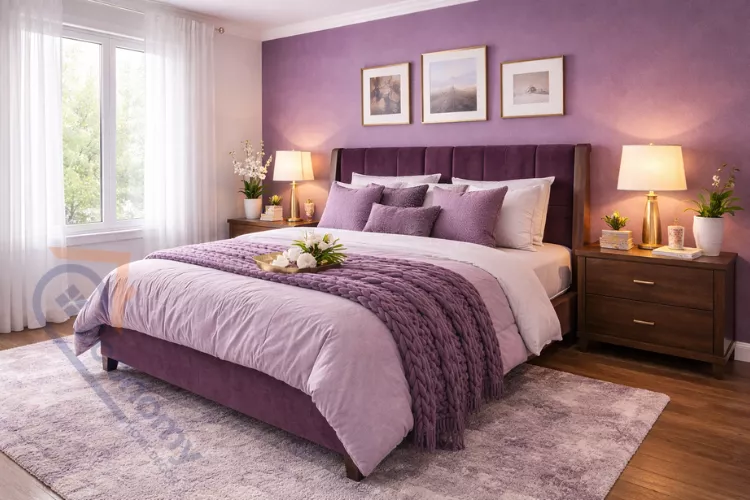 Modern purple bedroom ideas featuring deep plum velvet headboard, layered lavender bedding, gold brass lighting fixtures, and violet accent wall with white trim