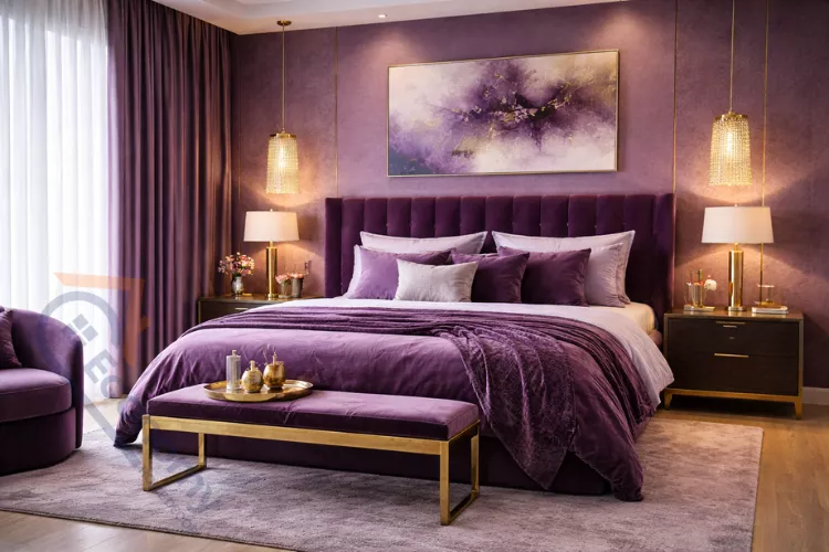 Luxury purple bedroom featuring plum velvet headboard, gold brass fixtures, and silk bedding