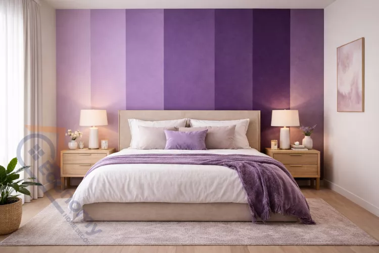 Purple accent wall bedroom design with neutral gray furnishings and white bedding