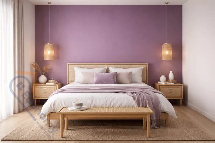 Minimalist purple bedroom with lavender accent wall, natural wood bed frame, and white linen bedding