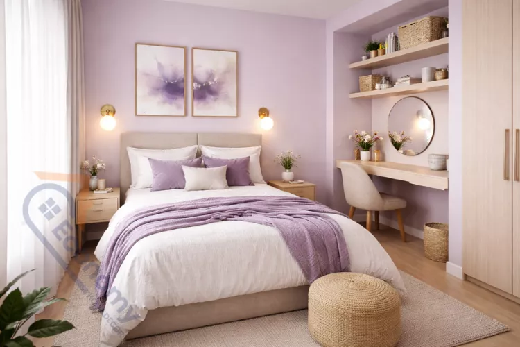 Small purple bedroom with lavender-gray walls, floating nightstands, and mirrors to maximize space