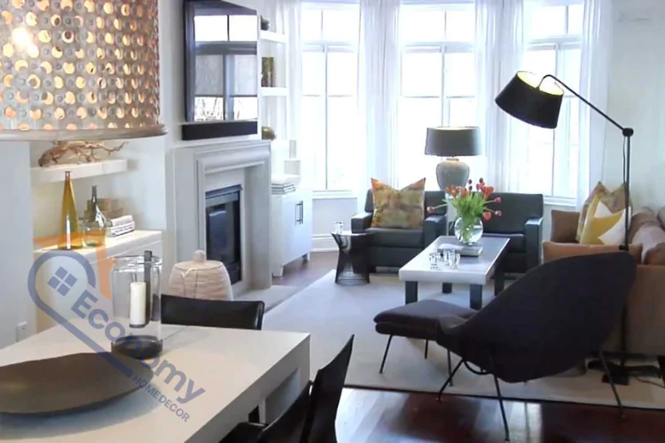 Interior of a stylish townhouse featuring space-saving furniture and decorative accents.