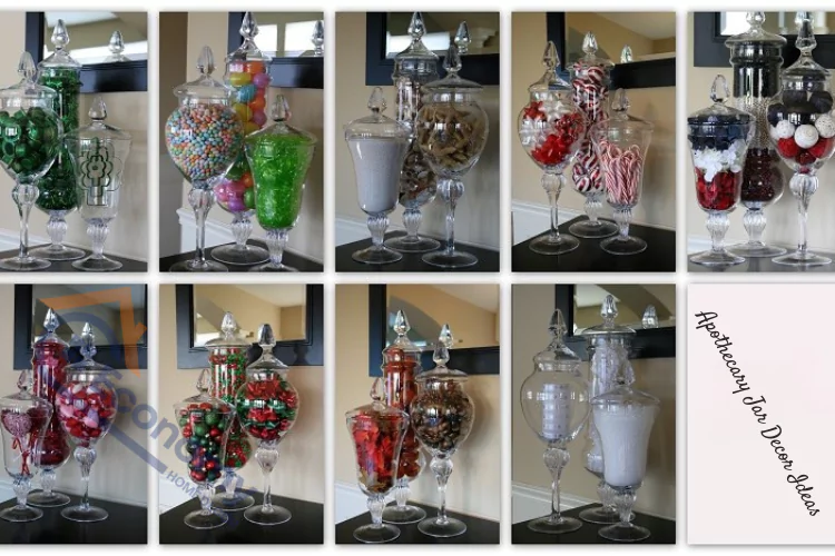 A collage of different apothecary jar decorating ideas, showing tall glass jars on stands filled with a variety of colorful candies, sweets, and decorative balls.