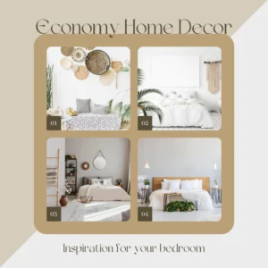Bedroom wall decor inspiration featuring four different styles: bohemian wicker baskets, a minimalist blank canvas, a neutral-toned room with a round mirror, and a modern wood-panelled bed with hanging lamps.