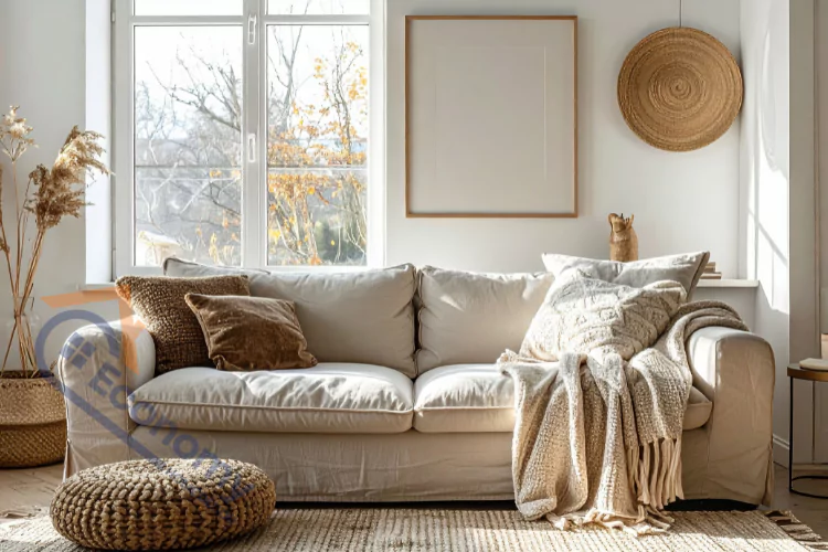 A white slipcovered couch with a beige throw blanket and textured pillows, placed in front of a large window with sunlight, featuring a tall, minimalist frame and a circular woven wall hanging as decor.