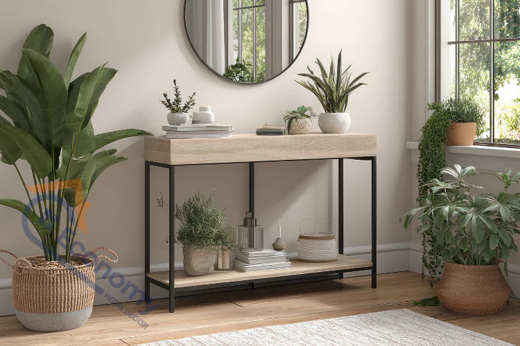 A modern console table with a light wood top and black metal frame, decorated with a variety of houseplants in white pots, books, and candles.