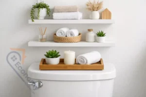 Modern bathroom toilet tank decor ideas showing styled tank with plant and candle on wooden tray and coordinated floating shelves above with towels and greenery
