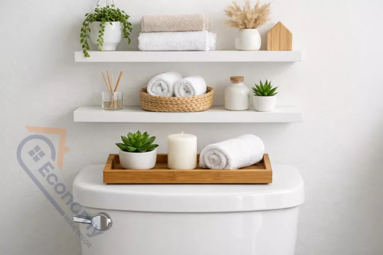 Modern bathroom toilet tank decor ideas showing styled tank with plant and candle on wooden tray and coordinated floating shelves above with towels and greenery