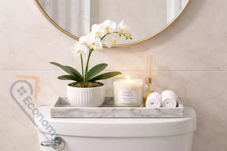Luxury spa bathroom with marble tray on toilet tank featuring white orchid and designer candle, round mirror above