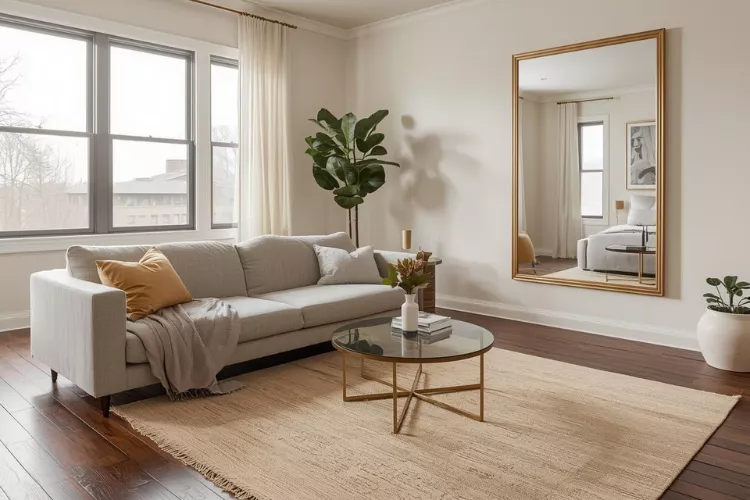 dark brown floor living room ideas with glass coffee table cream rug and gold mirror