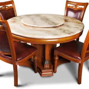 Luxury round marble top dining table set with burgundy leather chairs
