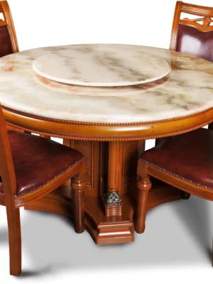 Luxury round marble top dining table set with burgundy leather chairs