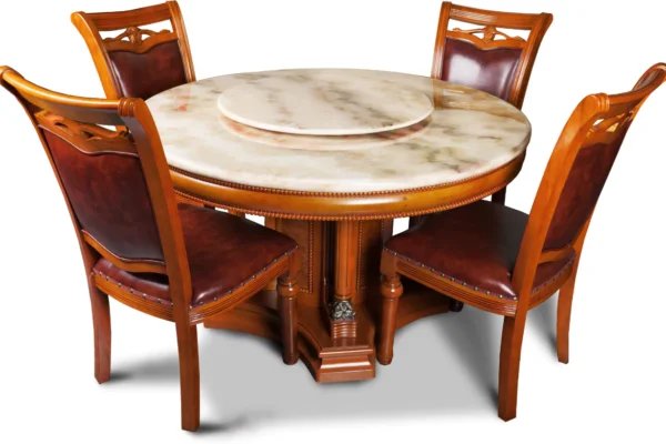 Luxury round marble top dining table set with burgundy leather chairs