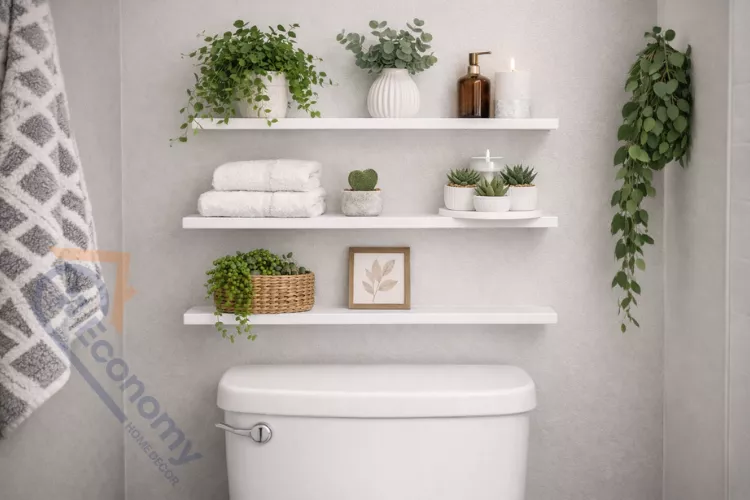 Modern bathroom with three floating shelves above toilet decorated with plants, white towels, and bathroom accessories