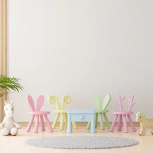 Pastel children's playroom with a blue table, animal-ear chairs in pink, yellow, and green, a white unicorn toy, and potted plants.