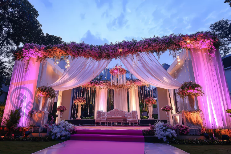 A beautifully decorated outdoor wedding stage or reception area, illuminated with pink and white lights, draped with sheer fabric, and adorned with abundant floral arrangements.