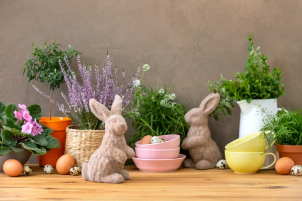 Spring and Easter table decor with two flocked bunny figurines, fresh eggs, and potted plants on a wooden surface.
