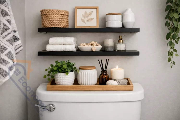 Modern bathroom with toilet tank decorated with succulent plant in ceramic pot and wooden tray, featuring coordinated floating shelves above