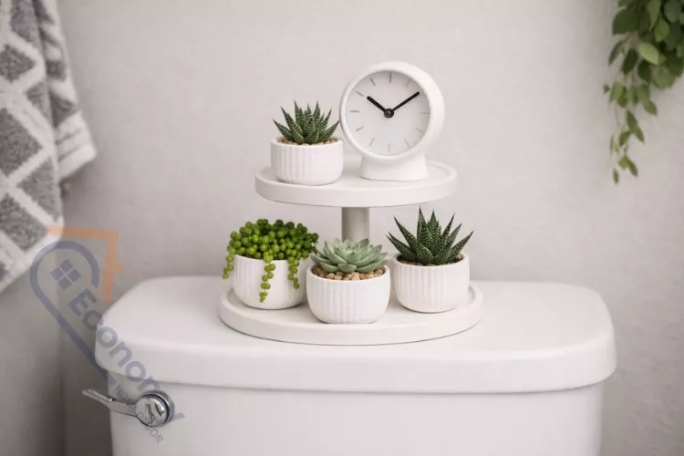 Minimalist bathroom toilet tank decorated with white two-tier stand displaying succulents and small modern clock