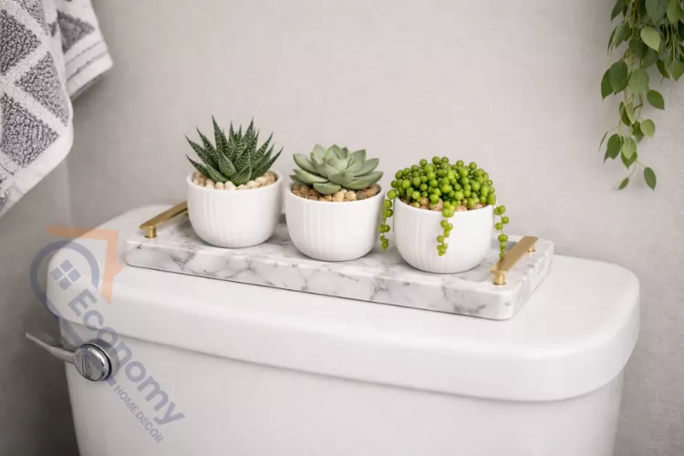 Toilet tank décor featuring three succulent plants in white minimalist pots arranged on marble serving tray