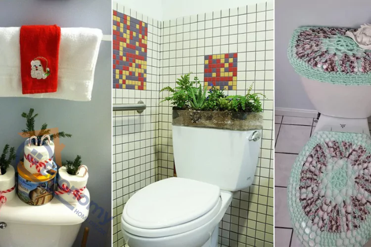 A collage of three unique toilet decorating ideas, including holiday-themed toilet paper rolls, a planter on the toilet tank, and crocheted toilet seat covers.