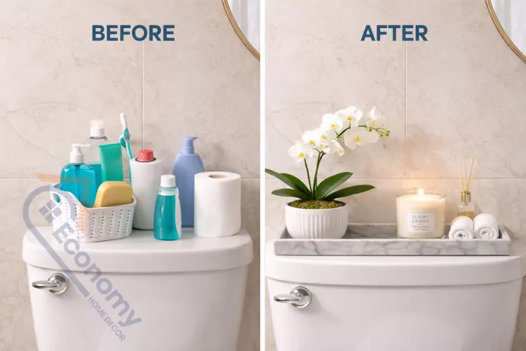 Before and after toilet tank decor showing transformation from cluttered space to minimalist styling with three coordinated items