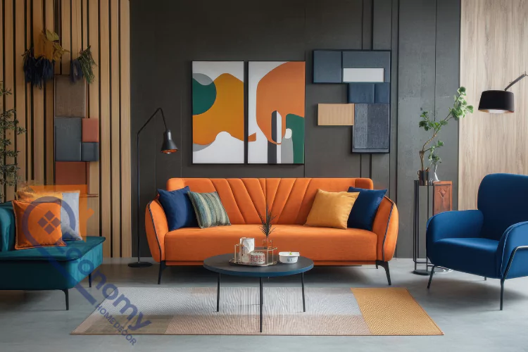 A modern living room with a dark accent wall, a vibrant orange sofa, and a partial wood slat wall, demonstrating a tropical and contemporary style.