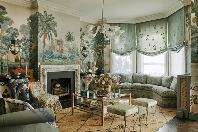 A room decorated in a Victorian style with elaborate tropical mural wallpaper and a Victorian marble fireplace, blending historical and exotic themes.