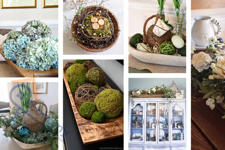 An image demonstrating "Wooden Bowl Decor Ideas" for different seasons, showcasing arrangements with moss, eggs, candles, and dried flowers in various styles of wooden bowls.