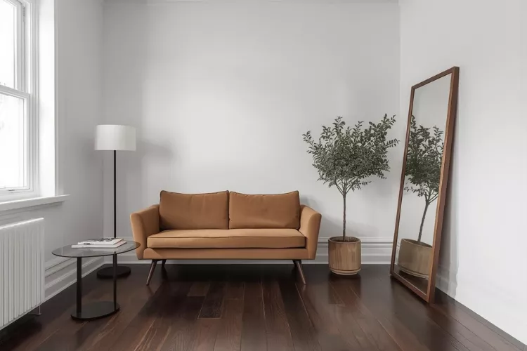 small room with dark wood floors white walls furniture with legs and large floor mirror