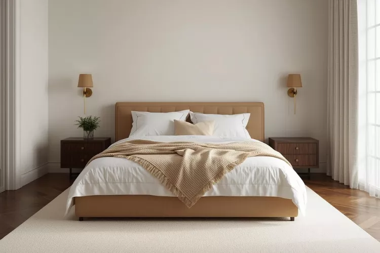 bedroom with dark hardwood floors white bedding brass sconces and ivory area rug