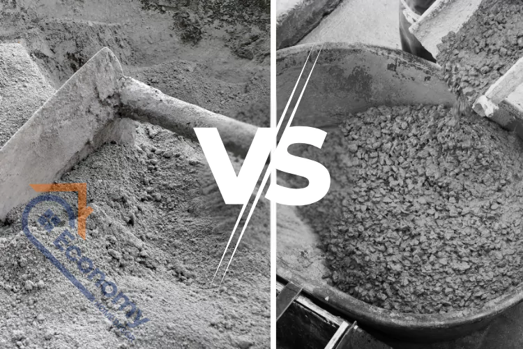 A black and white image split vertically, showing the texture of loose cement powder with a hoe on the left, labeled "VS" in the center.