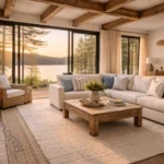 Lake house decor ideas featuring cozy living room with natural materials, blue and white color palette, and panoramic water views