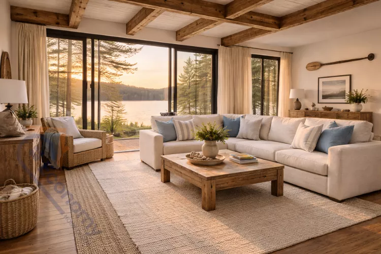 Lake house decor ideas featuring cozy living room with natural materials, blue and white color palette, and panoramic water views