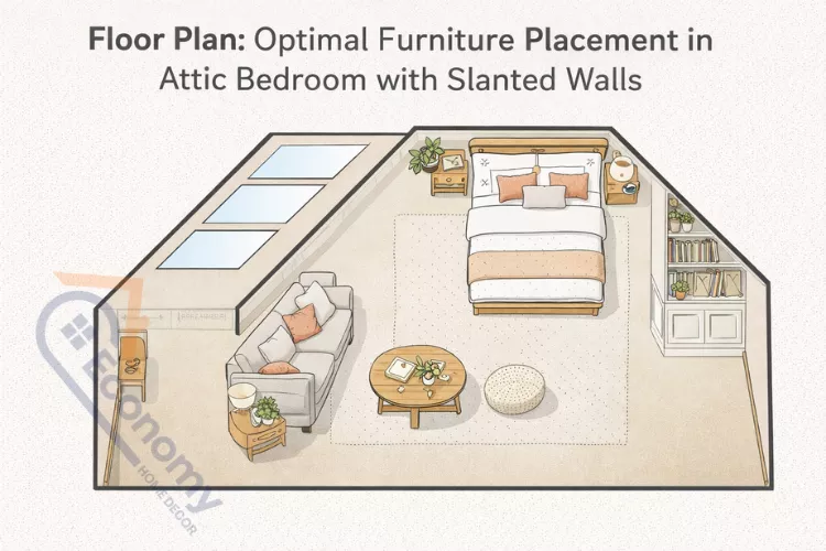 Furniture layout diagram for bedroom with slanted ceiling showing bed placement under slope and dresser along tall wall