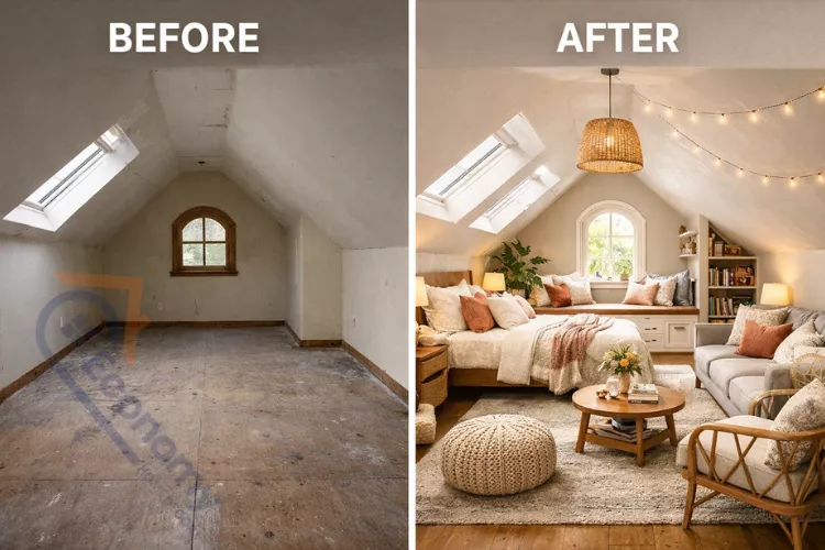Before and after transformation of attic room with slanted ceiling showing furniture placement and décor