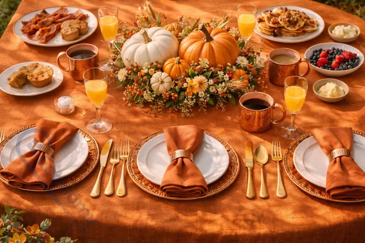 Autumn harvest breakfast table setting with pumpkins, fall flowers, and copper accents on rust tablecloth