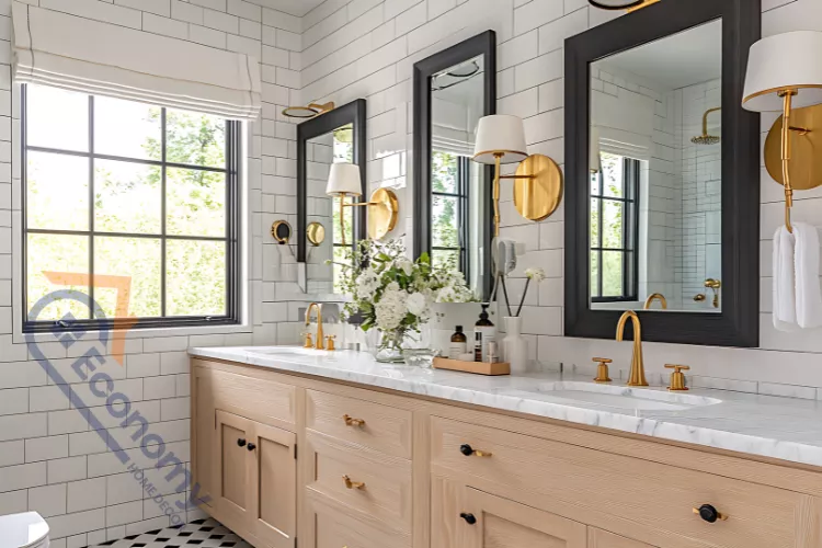 A bright bathroom showcasing Bathroom Mirror Decor Ideas with three black-framed rectangular mirrors and flanking gold sconces.