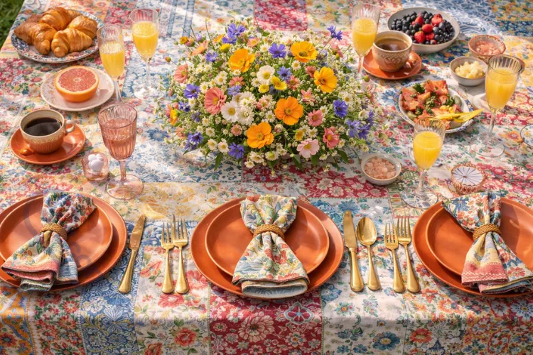 Bohemian brunch table setting with mixed pattern plates, colorful linens, and wildflower centerpiece