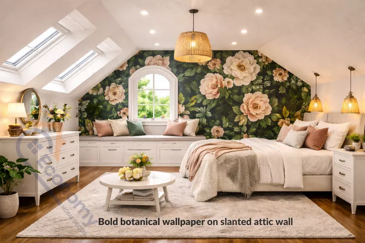 Dramatic botanical wallpaper accent on slanted bedroom wall with coordinating neutral décor