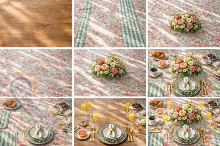 Step by step guide showing how to set a brunch table from placing tablecloth to final centerpiece arrangement