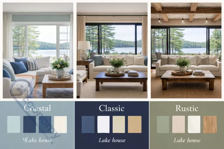 Lake house color palette ideas including coastal blues, modern earth tones, and rustic cabin colors