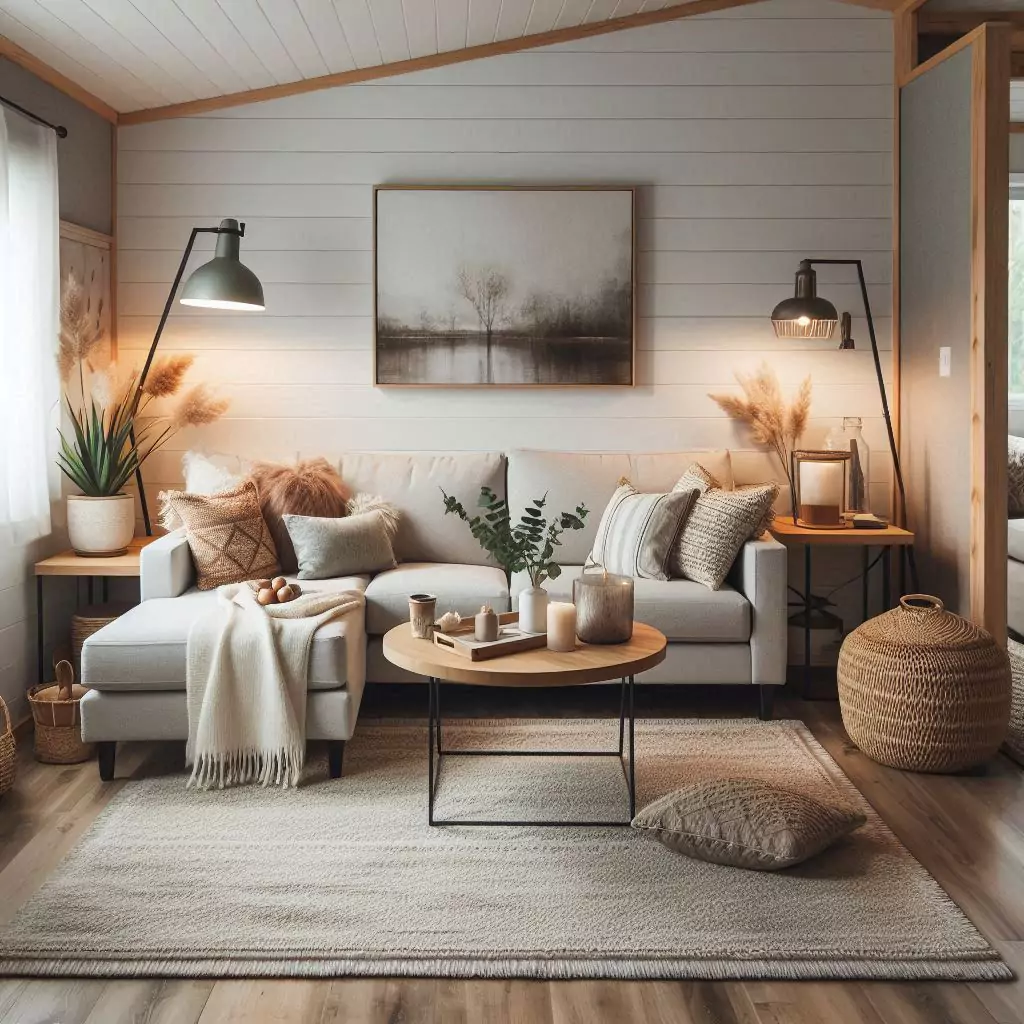 Warm, rustic living space with wood accents, neutral textiles, vintage touches, shiplap or exposed beams, and soft, inviting textures