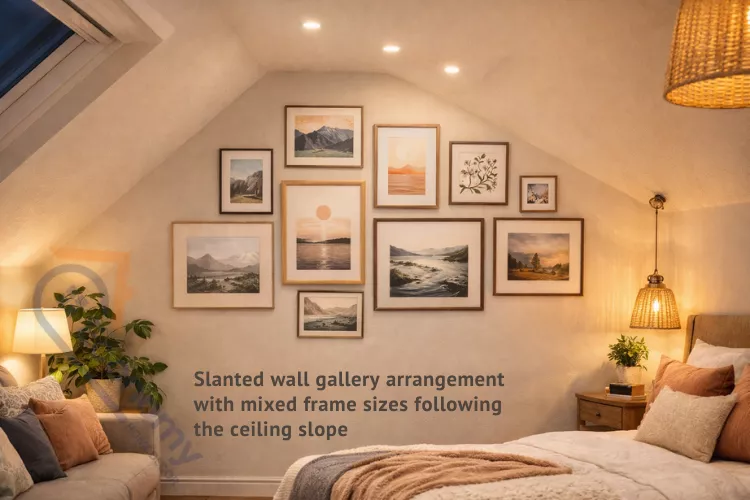 Gallery wall on angled ceiling with frames arranged to follow the slope in bedroom