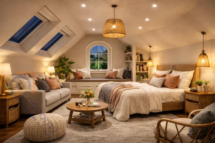 Layered lighting design in slanted ceiling bedroom showing recessed lights, wall sconces, and decorative pendant